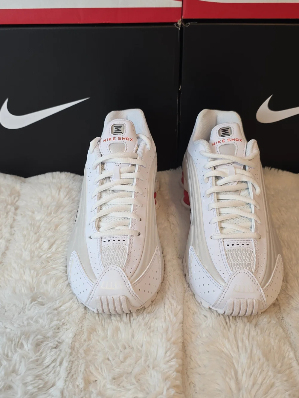 Nike White Sneakers with Red Shox and Black Swoosh
